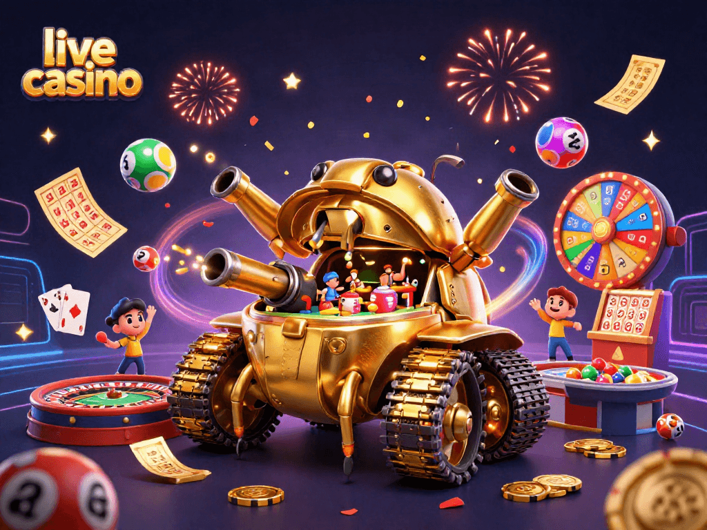 Engage in an exciting live casino atmosphere featuring a striking beetle tank and vibrant gaming elements.