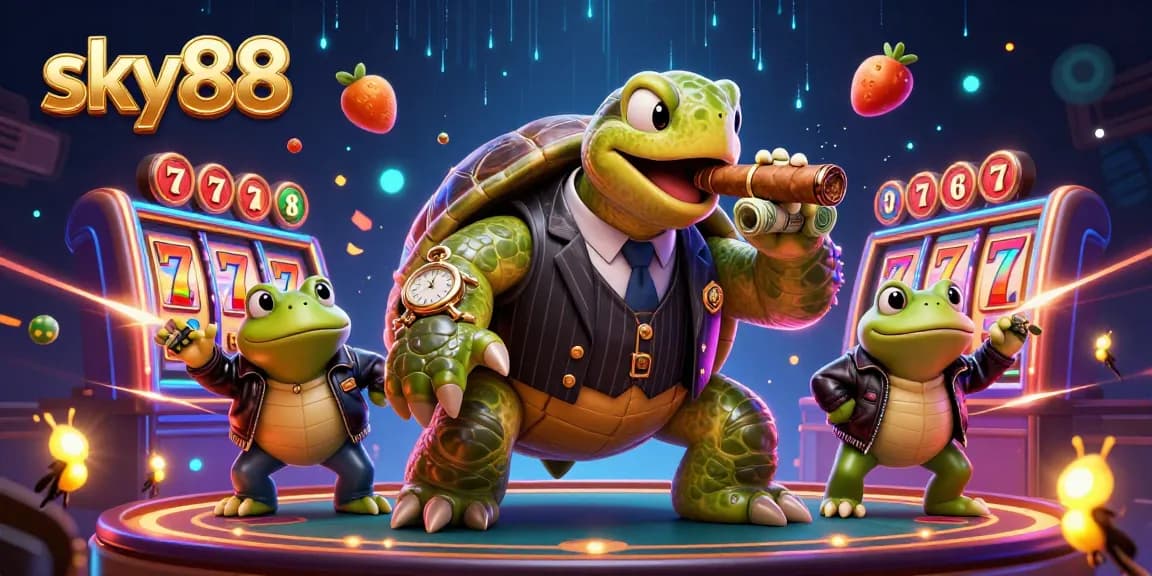 Engage with sky88's dynamic casino experience featuring a vivid 3D turtle and exciting slot elements.