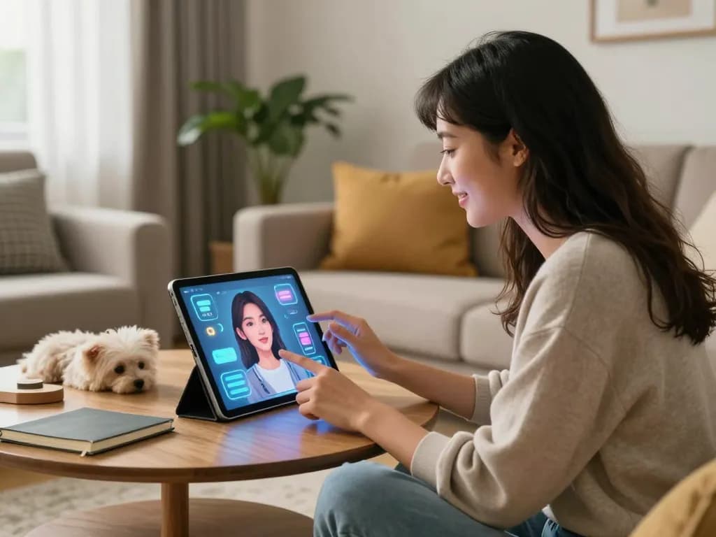 Engaging with an AI gf in a cozy living room, showcasing modern technology and companionship.
