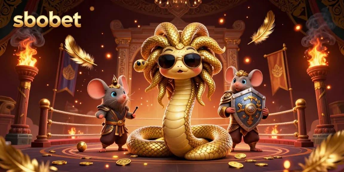 Bet on sbobet with Medusa and a warrior mouse in a vibrant, dynamic illustration.