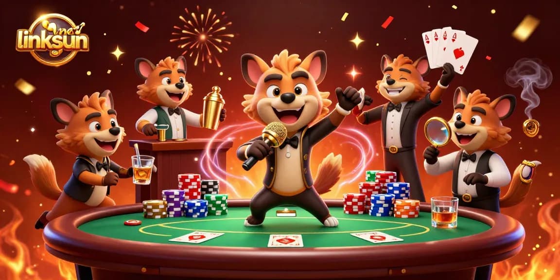 Engage with linksunwin at this vibrant cartoon casino showcasing hyenas in action.