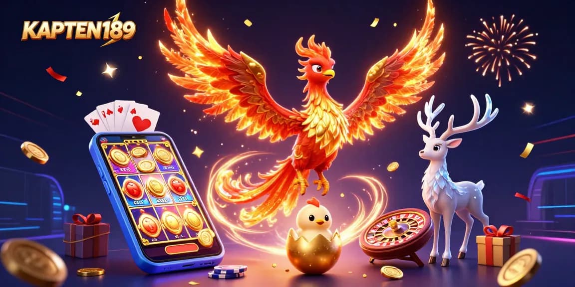 KAPTEN189 merayakan kemenangan dengan ilustrasi konsep 3D kartu dan slot yang mendebarkan.