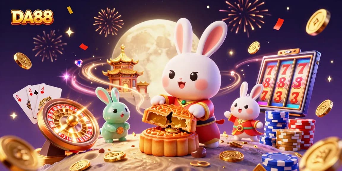 DA88 showcases a cartoon moon rabbit gambling with poker chips and golden coins on the lunar surface