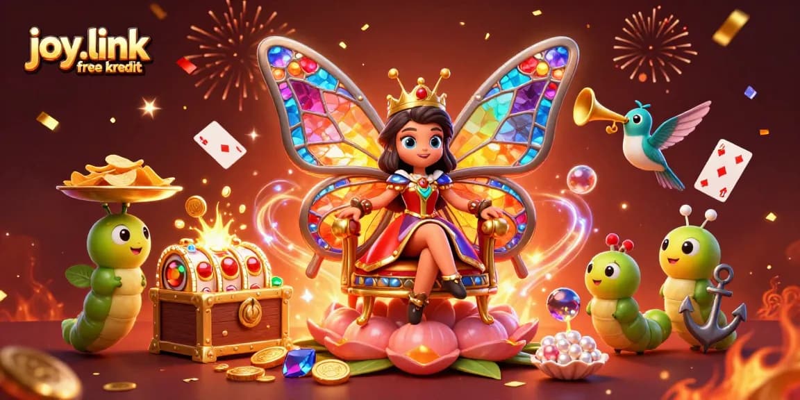 A vibrant illustration depicting joy.link free kredit as a cartoon butterfly queen celebrates a casino theme with gold coins and slot reels.