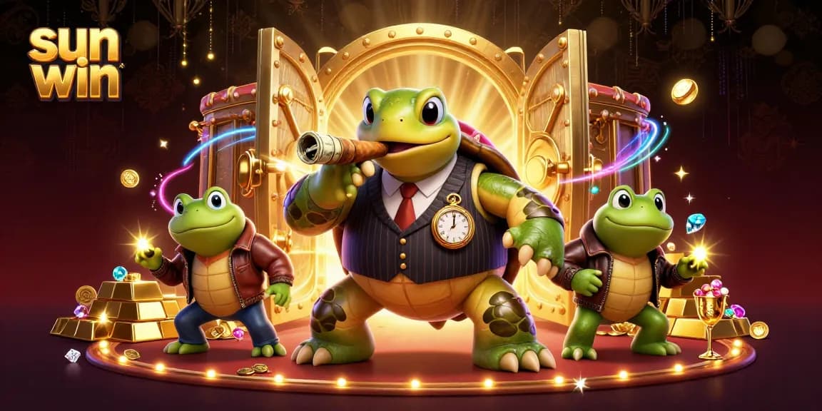 Win big at Sun Win with a 3D cartoon illustration featuring a snapping turtle in a casino.