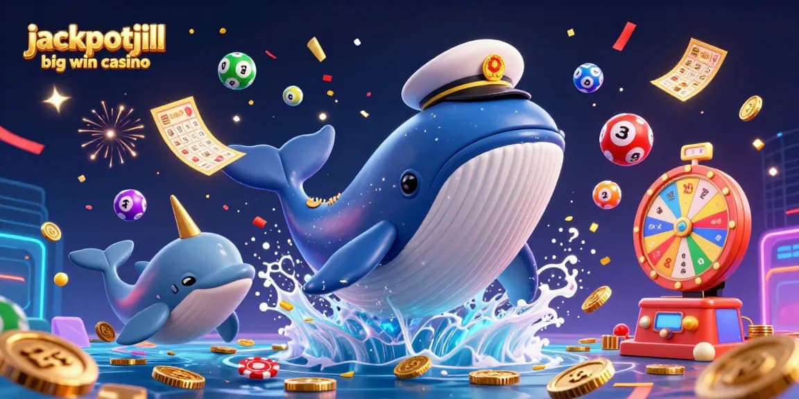 Experience excitement at jackpotjill big win casino with a vibrant 3D scene of a whale, dolphins, and dynamic lottery elements.