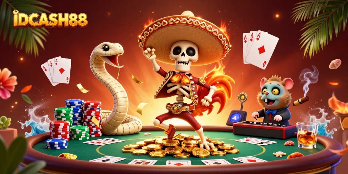 Experience the excitement of IDCASH88 with vibrant gaming characters celebrating over a poker table.