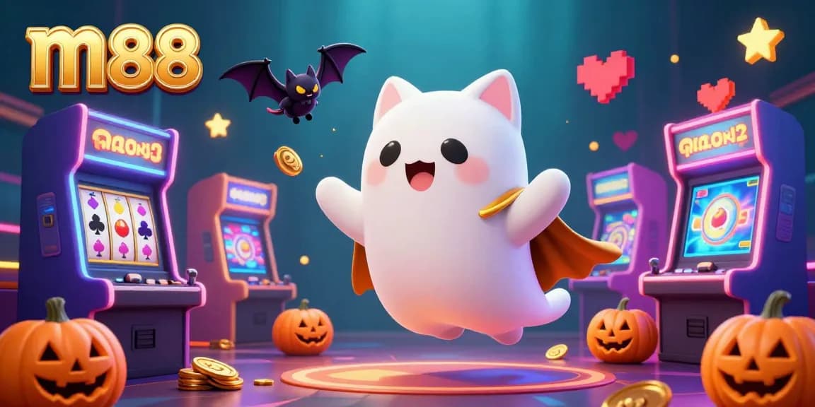 Experience the thrills of m88 in a cartoon illustration featuring a ghost cat, vampire bat, and a casino setting.
