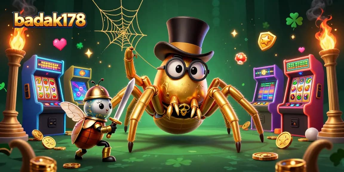 Engage with badak178 in this vibrant casino scene featuring a golden tarantula and beetle knight.