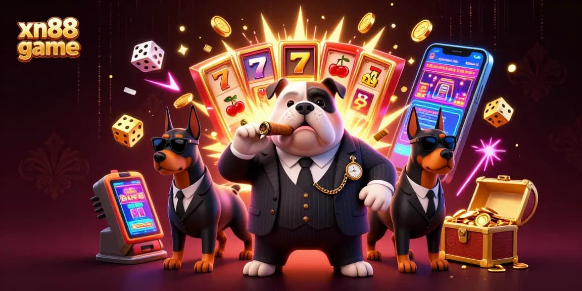Experience the excitement of the xn88 game with a lively scene featuring a mafia bulldog and slot machine!