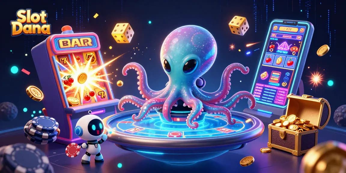 Experience Slot Dana excitement with a 3D alien octopus at a vibrant casino table.