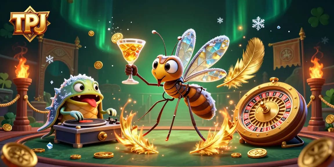 Highlighting TPJ's gaming experience, a dynamic 3D illustration features a mosquito mascot and trilobite DJ.