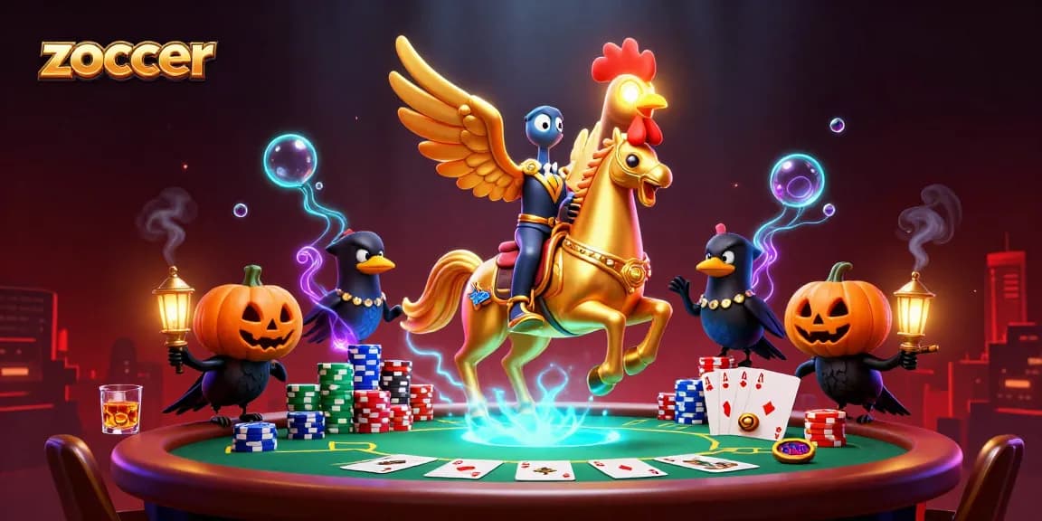 Win big at Zoccer Casino with a vibrant 3D illustration capturing a golden rooster in action.
