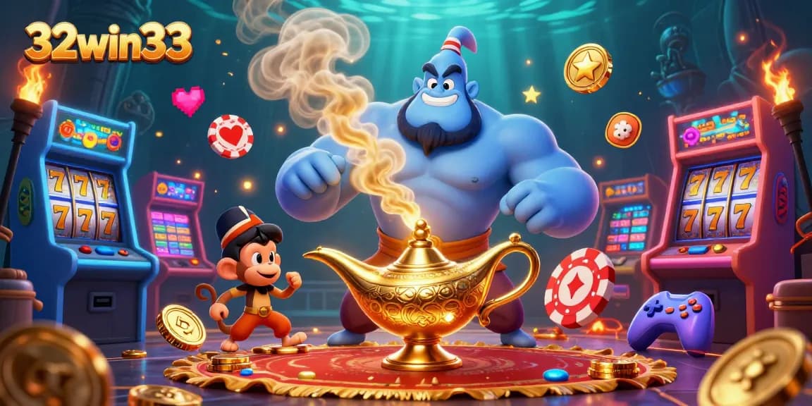Experience thrills at 32win33 with a captivating scene featuring a blue genie, magic carpet, and vibrant gaming elements.