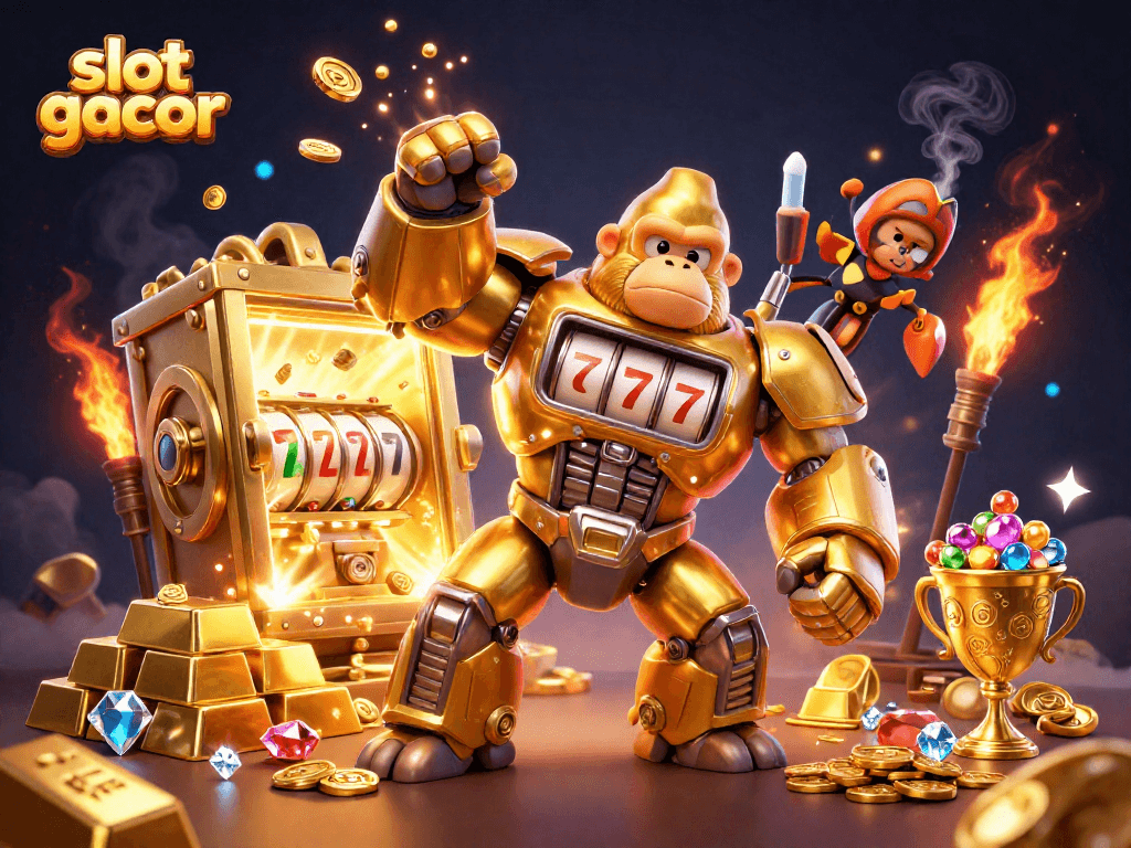 Experience excitement with slot gacor as a golden gorilla mech unleashes coins in this dynamic scene.