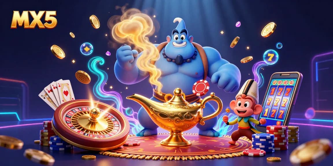 Experience the thrill of casino magic with MX5, featuring a powerful genie and Aladdin's monkey amidst cascades of winning symbols.