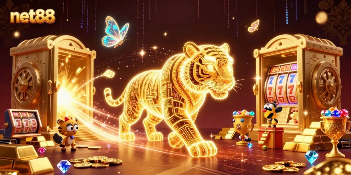 Experience net88 with vibrant casino energy, featuring a neon tiger and dazzling treasures.