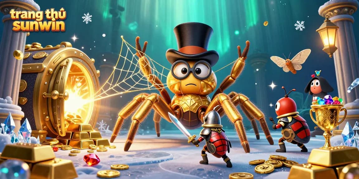 Engage at trang chủ sunwin with a vibrant 3D casino scene showcasing a golden tarantula weaving winning threads.