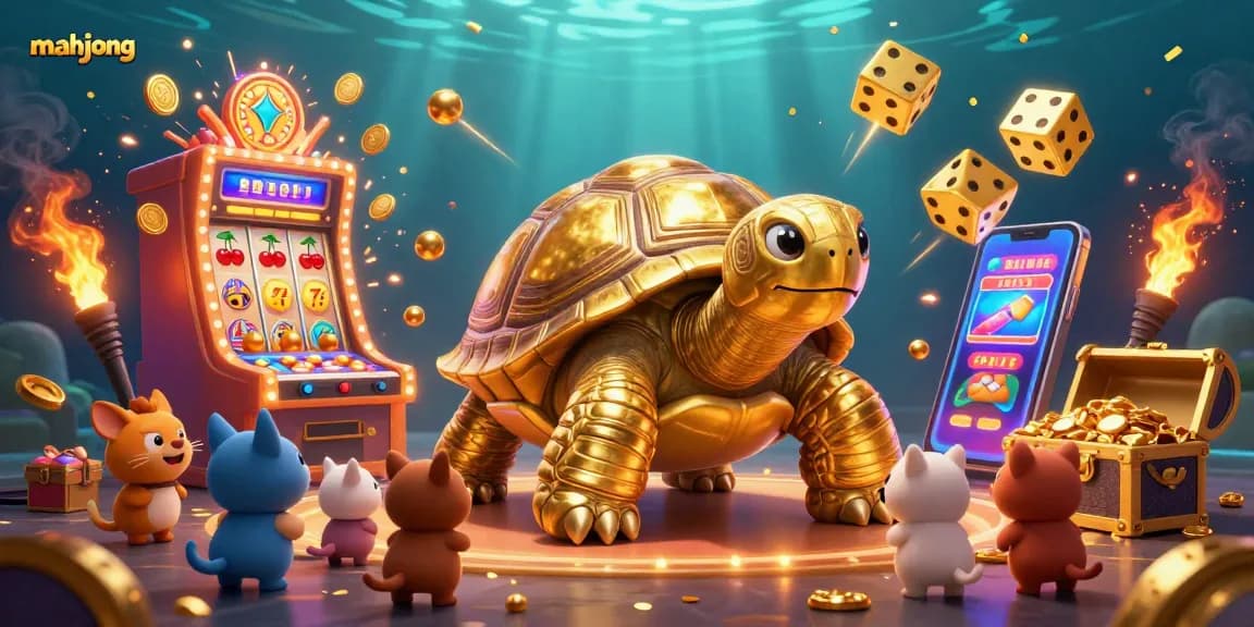 Experience the excitement of mahjong with a vibrant illustration showcasing a golden tortoise pinball machine and jackpot action.