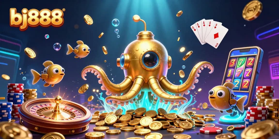 Bet on bj888 in an exciting underwater gambling scene rich with gold coins and vibrant casino elements.