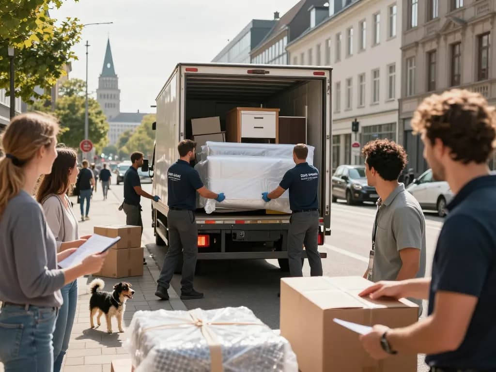 Professionelles umzugsunternehmen Hannover-Team lädt Möbel in einen Truck inmitten einer pulsierenden Stadtlandschaft und sorgt für stressfreies Umziehen.