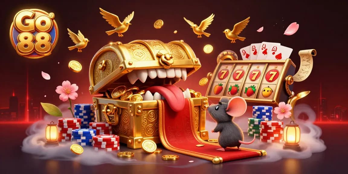 Experience Go 88's riches at a vibrant casino with animated treasure chests and colorful slot symbols.