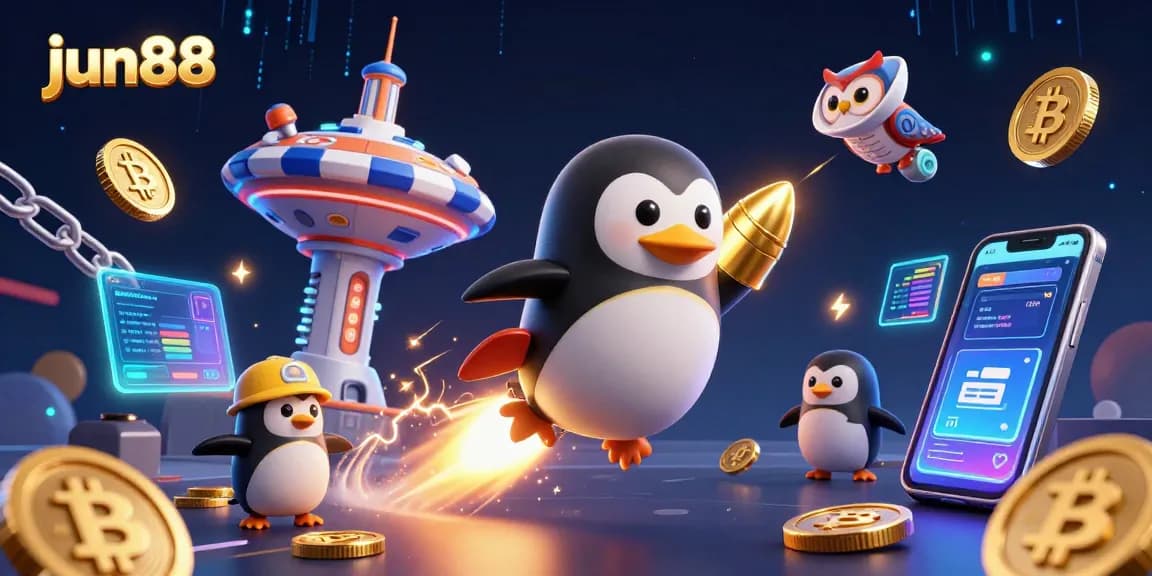 Experience the thrill of jun88 with a dynamic golden penguin blasting through a cosmic casino landscape.