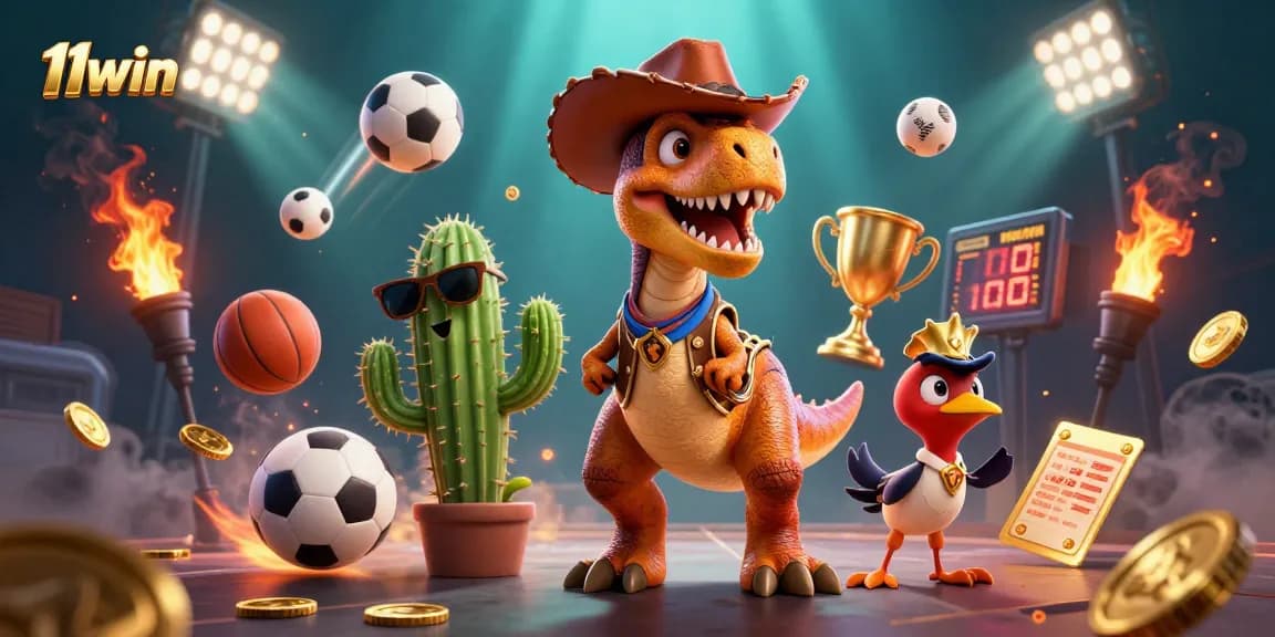 Experience winning moments with 11win in this dynamic sports betting scene featuring playful characters.