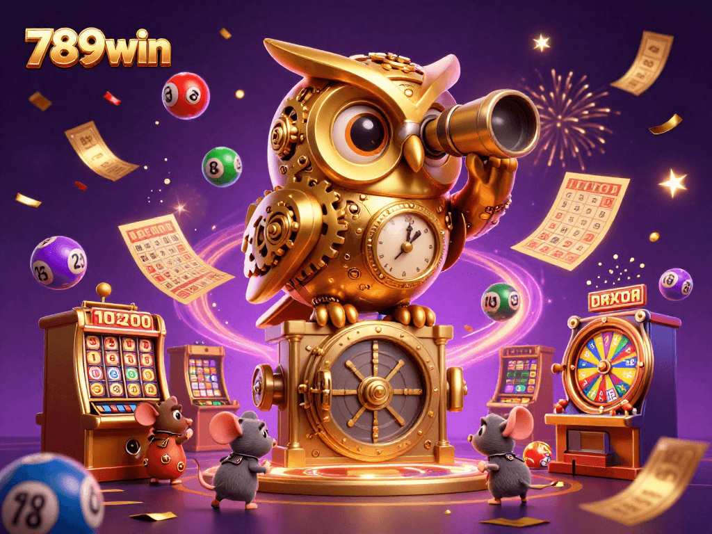 Experience thrilling casino action with the dynamic scene of 789win featuring a golden owl and bounty of gaming elements.