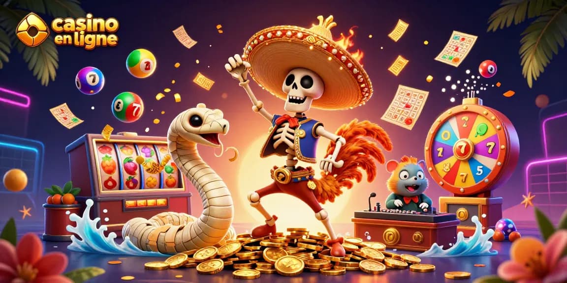 Profitez des jeux au casino en ligne avec des personnages colorés dans une scène dynamique et festive.