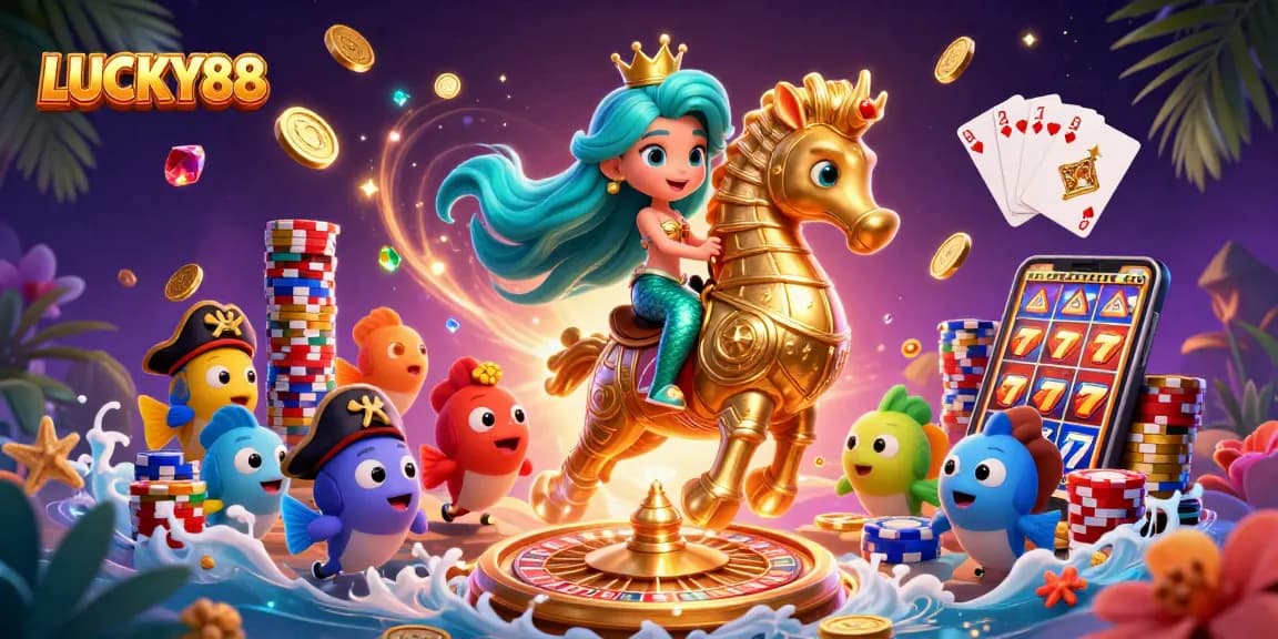 Experience thrilling gaming at LUCKY88 with vibrant characters and dynamic casino elements.