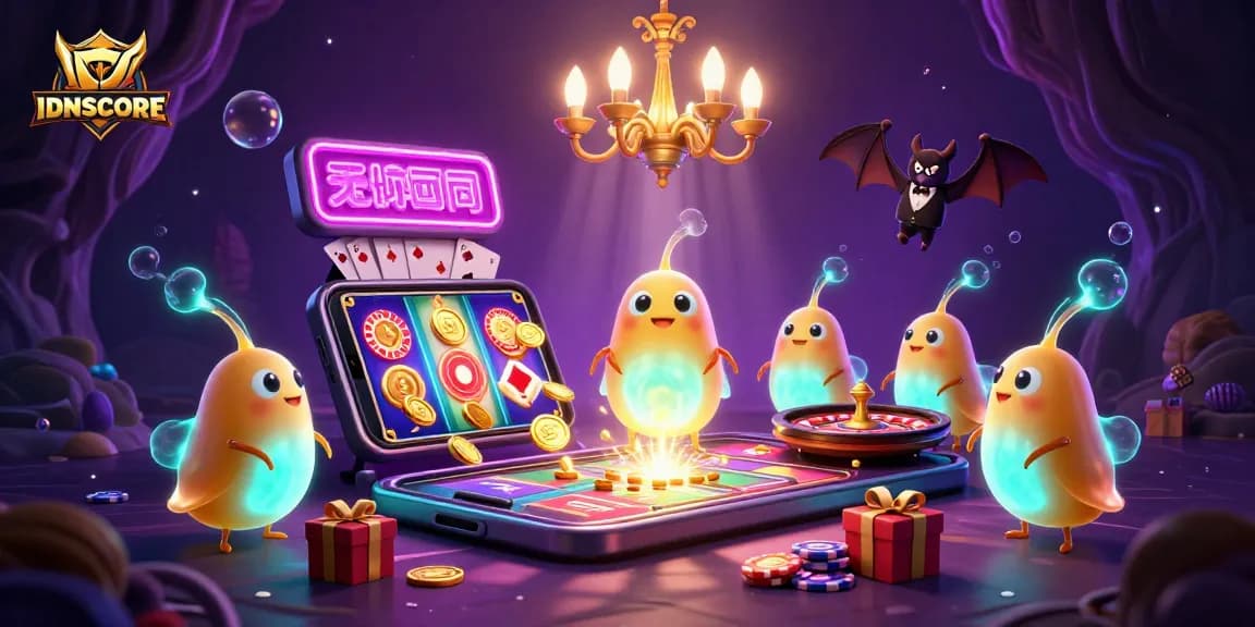 IDNSCORE showcases a luminescent glowworm team lighting a vibrant casino scene.