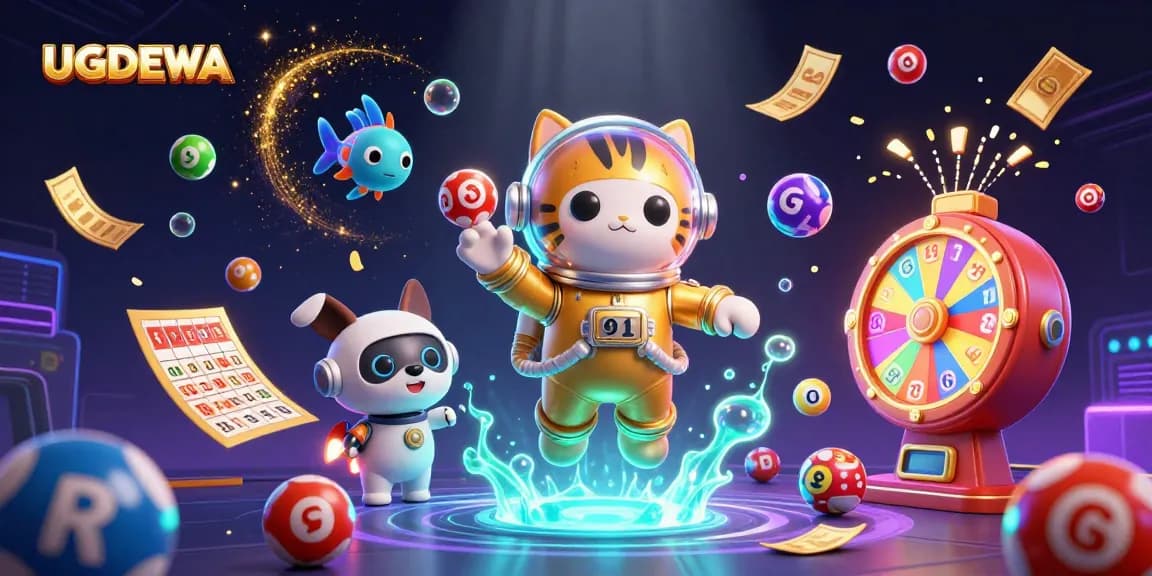 Boost your gaming experience at UGDEWA with exciting lottery and bingo elements swirling in a vibrant 3D scene.