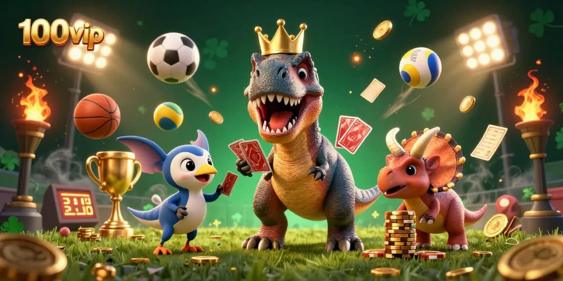 Experience thrilling games at 100vip with T-Rex shuffling cards amidst flying sports balls.