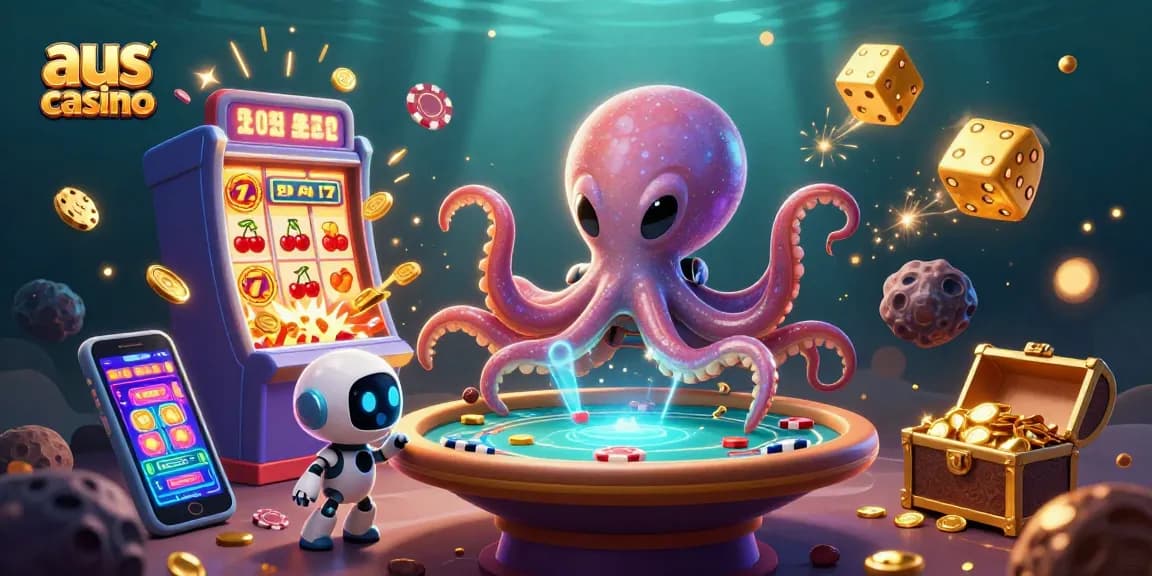Play games at aus casino with unique alien-themed illustrations, featuring poker and slot elements.