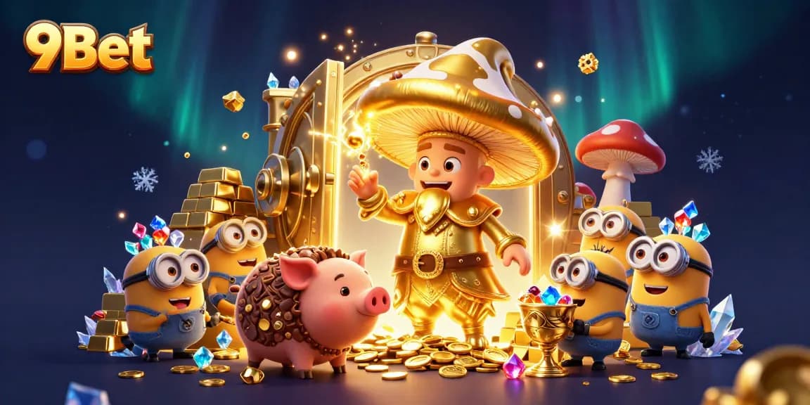 9Bet features an enchanting scene of a golden mushroom wizard and treasures in a magical casino