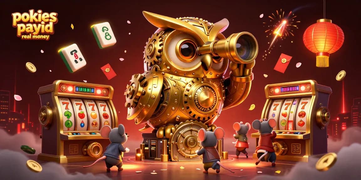 Engage with pokies payid real money on a vibrant casino floor illustrated with golden owl and lively characters.