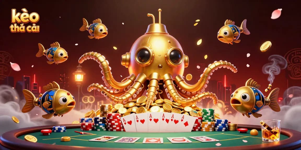 Engage with kèo nhà cái insights surrounded by golden kraken and poker elements in a vibrant casino scene.