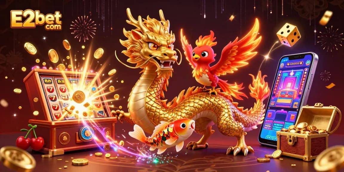 Engage in thrilling adventures at E2bet com with a dynamic 3D casino scene featuring dragons and fortune!