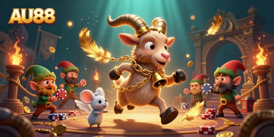 Experience thrilling gameplay with AU88 at a dynamic casino scene featuring Krampus and playful gremlins.