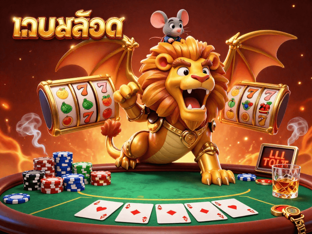 Engage with เว็บสล็อต featuring a triumphant chimera and lucky slot elements amidst a vibrant casino atmosphere.