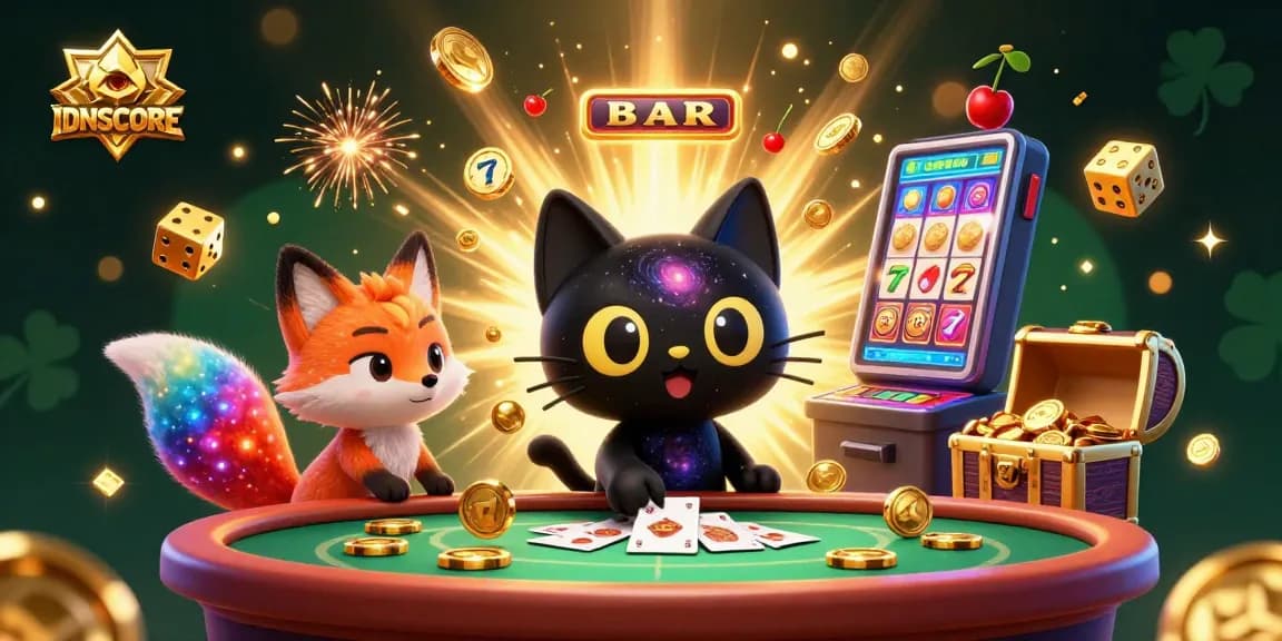 Experience IDNSCORE at its best with vibrant casino elements and engaging characters.