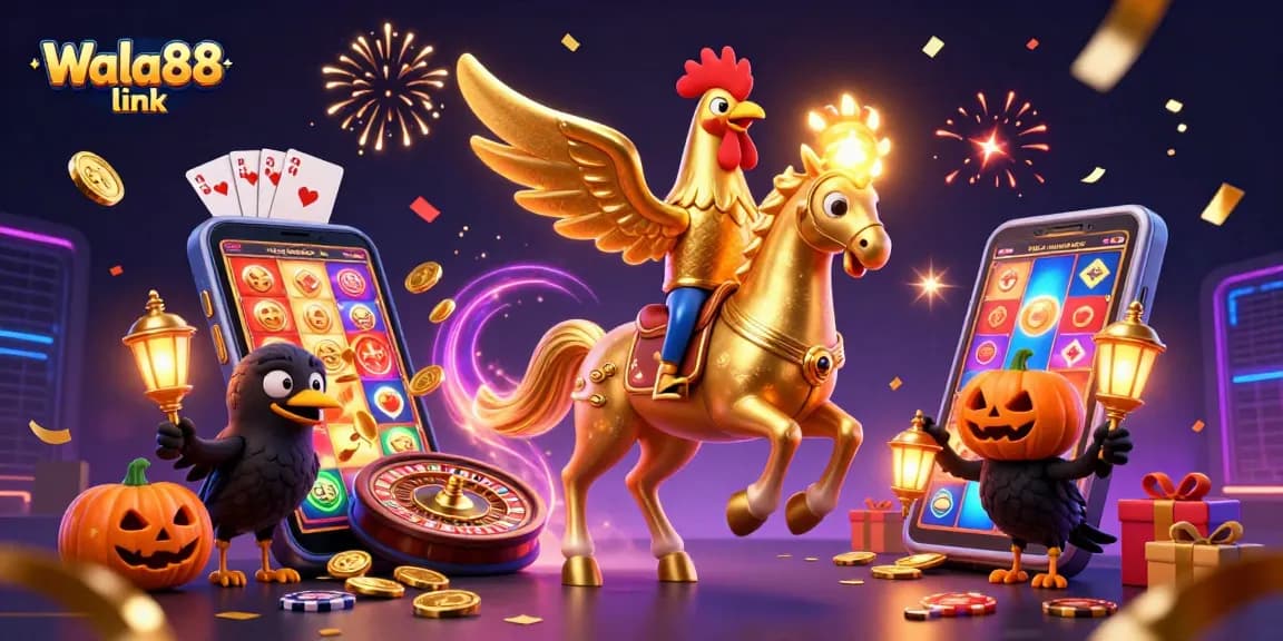 Experience Wala88 link with a captivating 3D illustration showcasing a golden rooster and casino elements, bringing excitement to online betting.