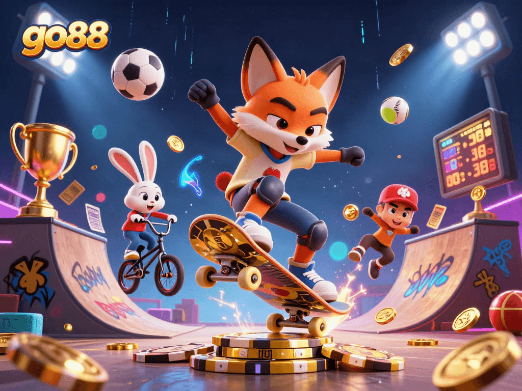 Engage in thrilling action at go88 with a 3D skateboarder fox and BMX rabbit in a vibrant casino-themed scene.