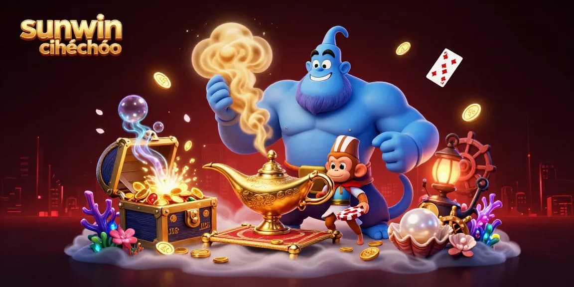 Experience exciting gameplay with sunwin chính chủ featuring a lively genie, monkey, and casino elements.