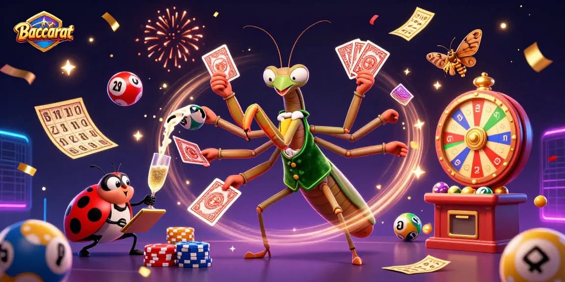 Baccarat-themed 3D illustration depicting a giant mantis card sharp and ladybug pit boss amidst a vibrant casino scene.