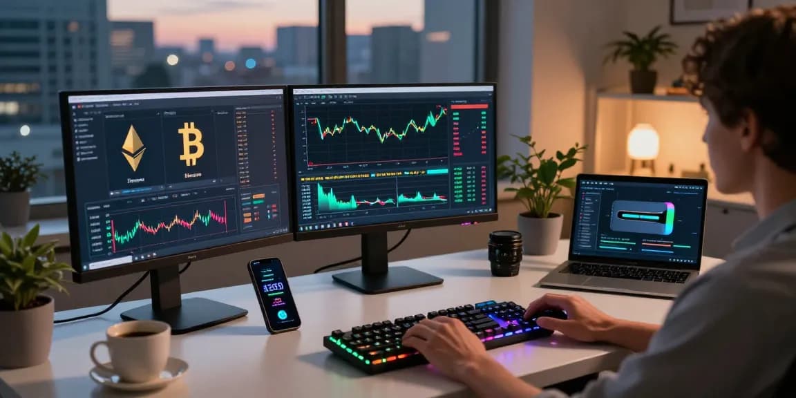 Funexchange crypto trading setup showcasing dual monitors with live market feeds and analysis tools.