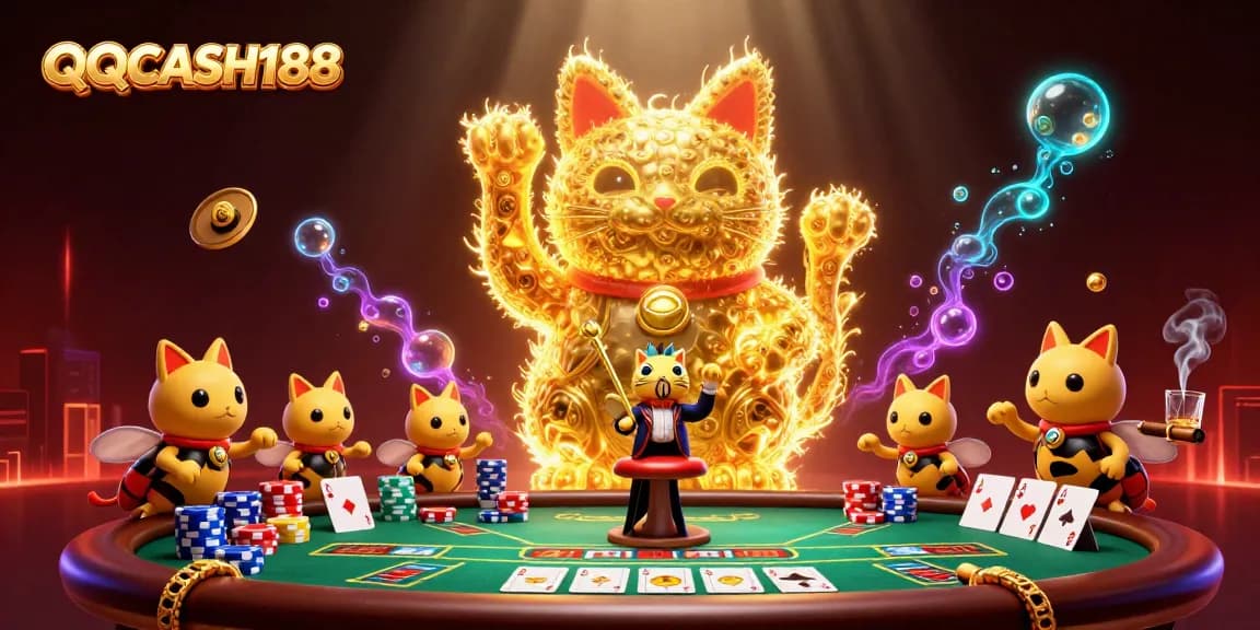 Engage with QQCASH188 through lively casino visuals featuring a magical lucky cat.