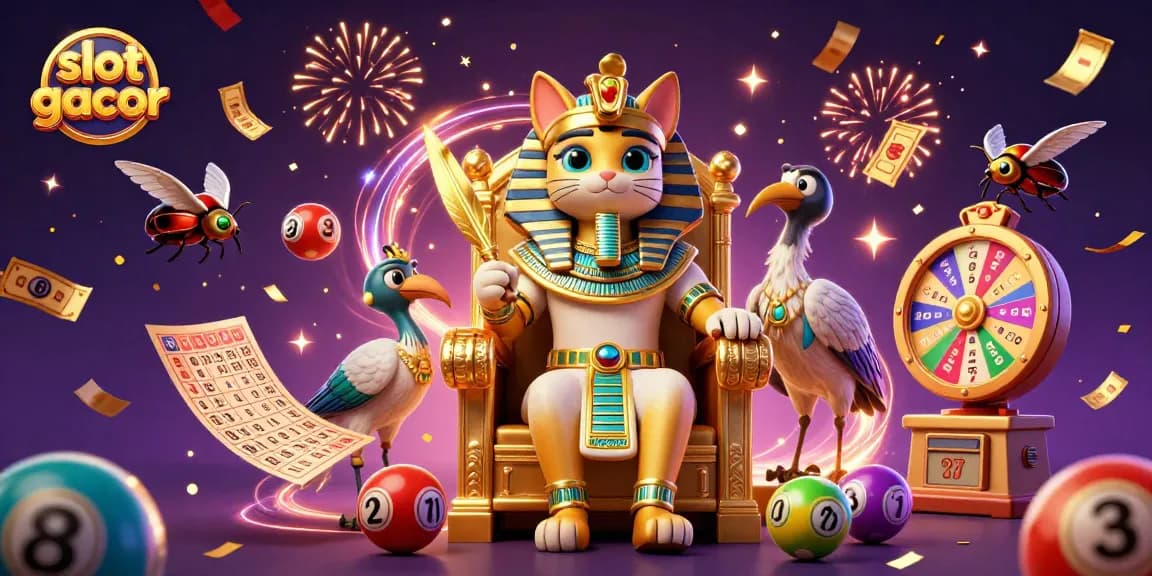 Slot gacor yang menarik dengan karakter 3D kucing firaun dan elemen permainan kasino yang dinamis.