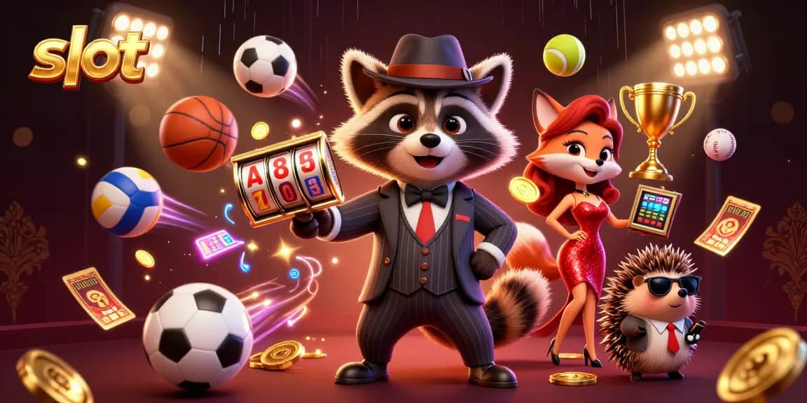 Spin the slot reels with a suave raccoon, dazzling fox, and energetic bouncer in a vibrant casino scene.